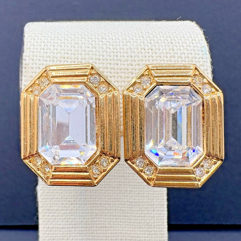 Vintage 80s Picture Frame Clear Rhinestone Earrings Pierced Gold Tone Geometric
